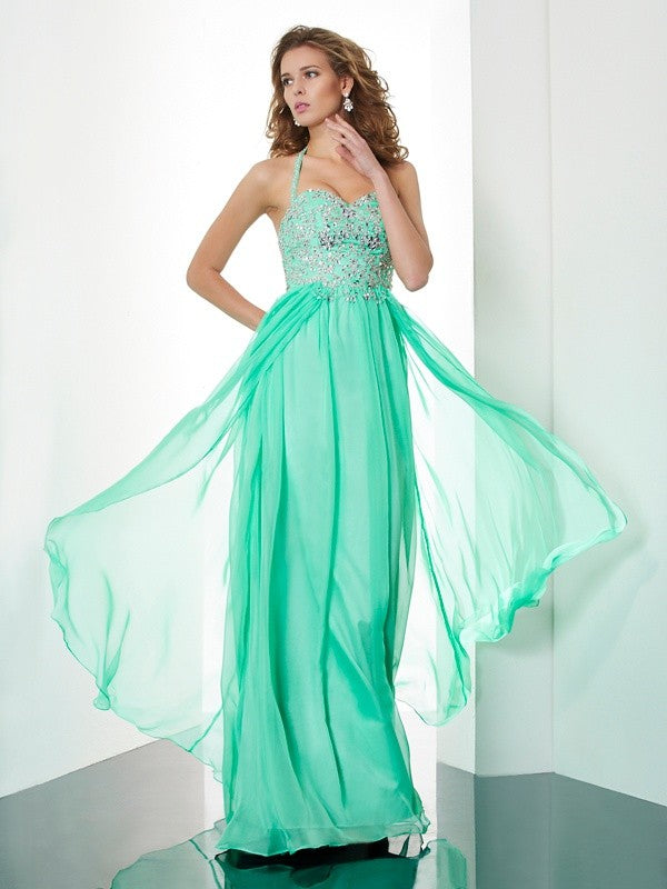 Vestidos largos de gasa con corte A/princesa, cuello halter, sin mangas, con apliques de cuentas